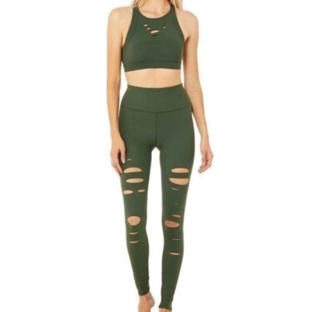 Alo Distressed Army Green Set - Legging & Sports Bra